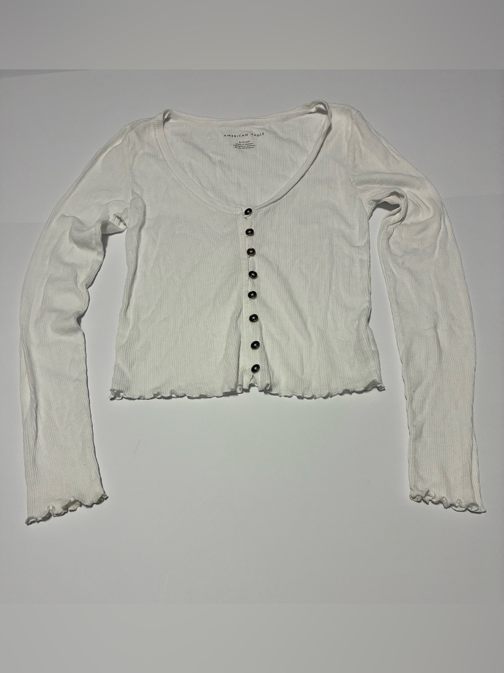 American Eagle White Ribbed Henley Long Sleeve Crop Top S/P/CH